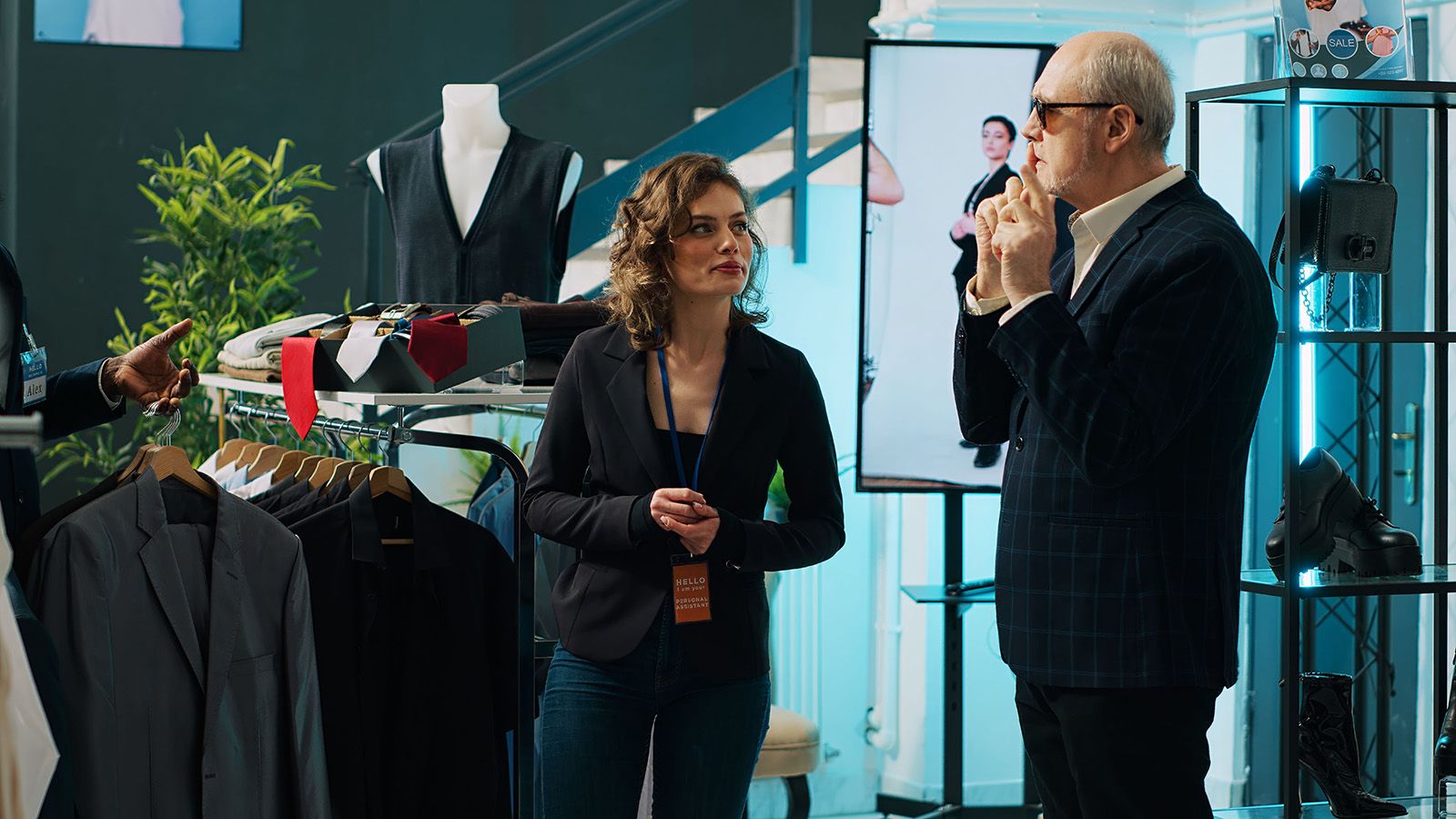 Famous fashion designer showing designs in shop in Miami Design District.